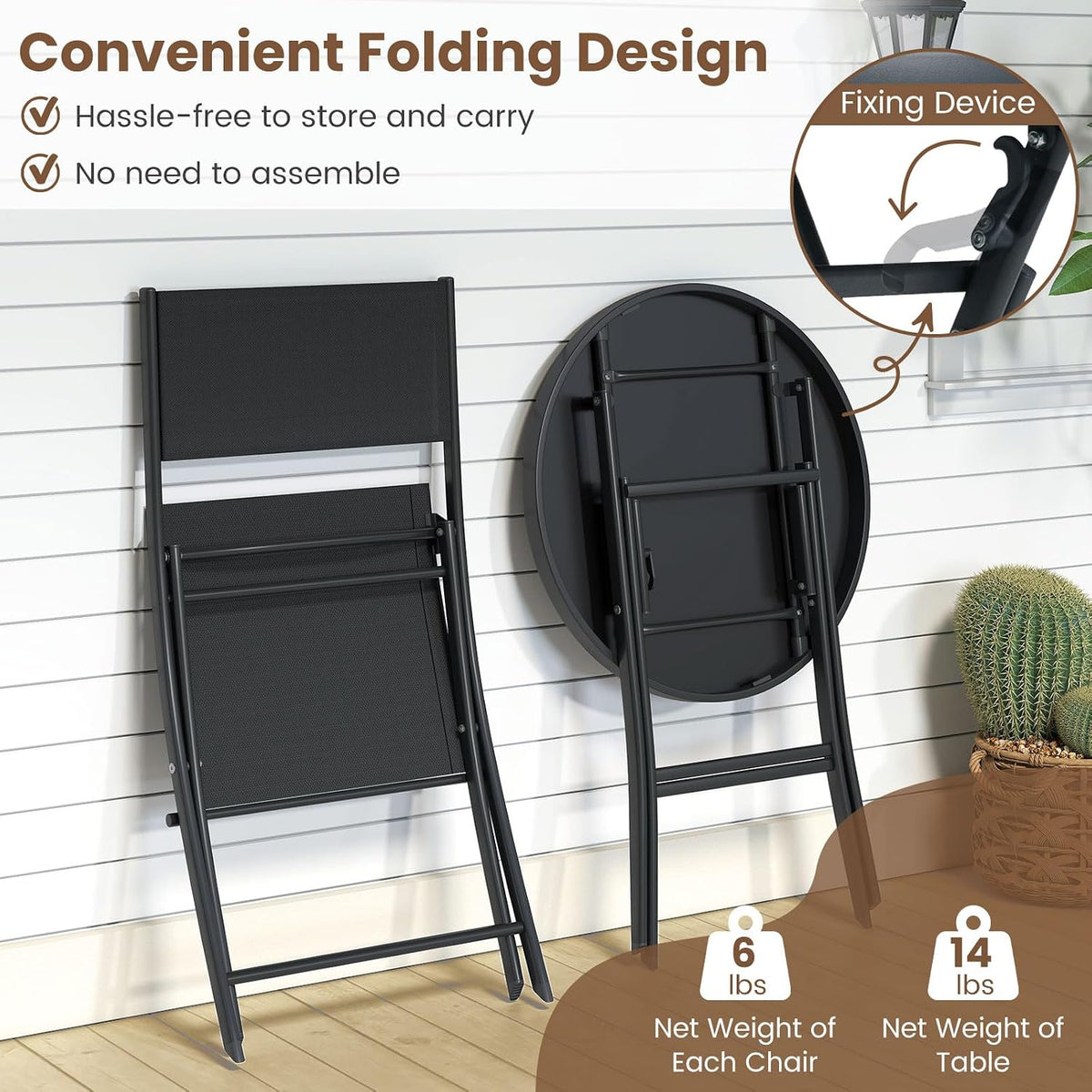 Tangkula 3 Piece Folding Bistro Set, Metal Frame Round Table & Chairs