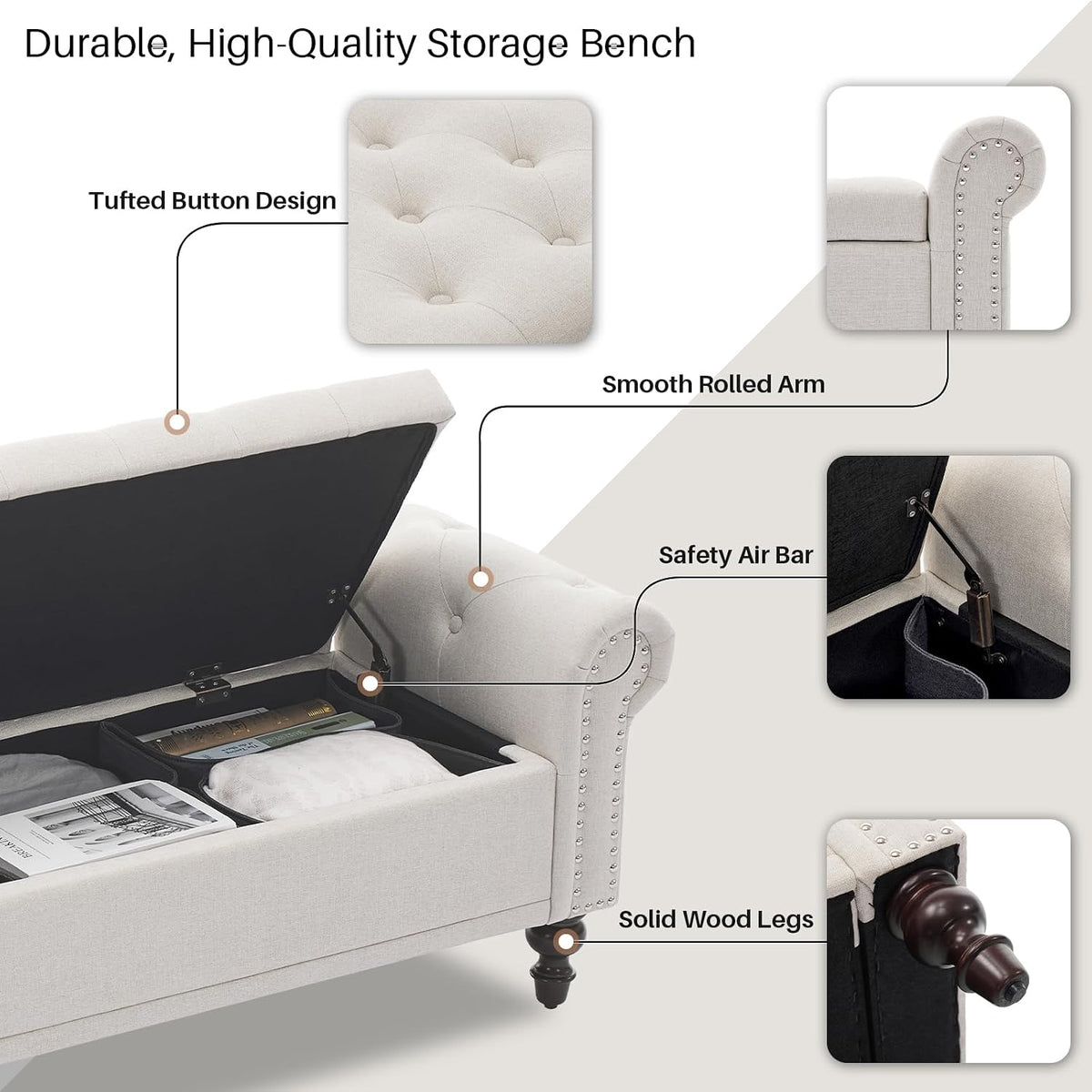 SOFTHION 67" Storage Bench for Bedroom, Linen Upholstered, Beige