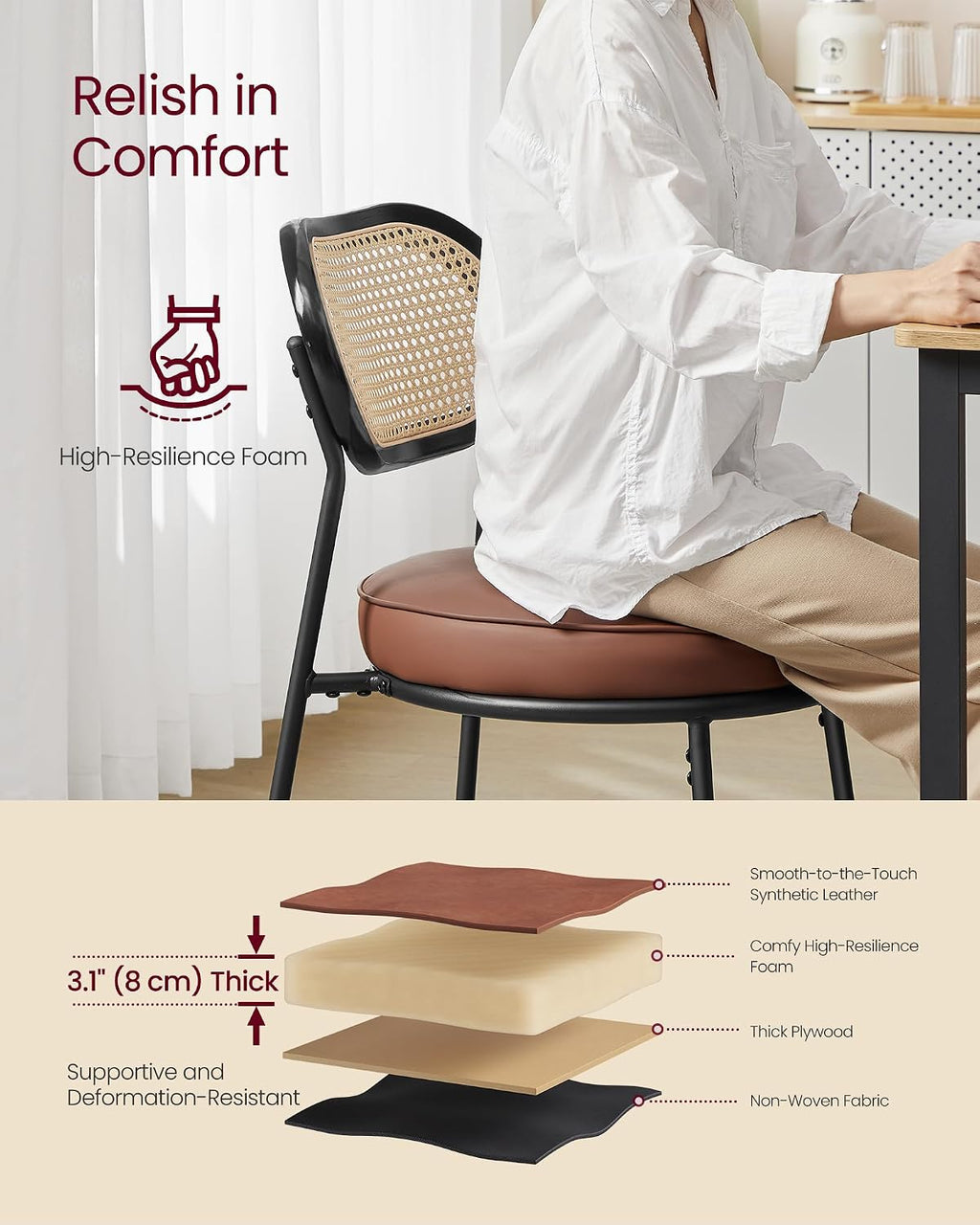 VASAGLE Dining Chairs, Set of 2, PE Rattan Back, Synthetic Leather