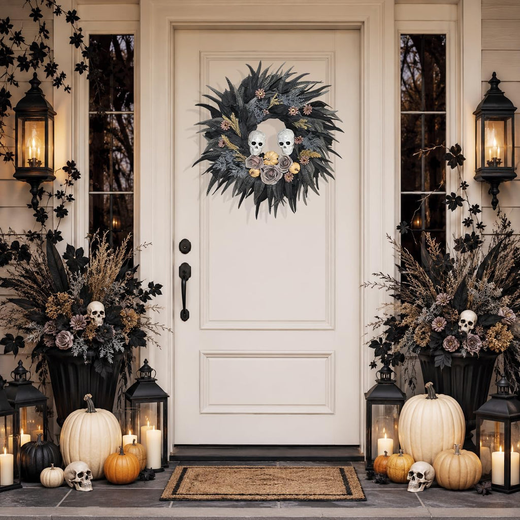 24" Halloween Wreath with 2 Skulls, 3 Pumpkins and Withered Roses