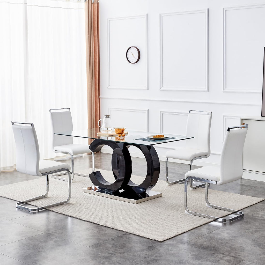 63'' Dining Table Set for 4,Modern Glass Dining Room Table Set for 4,Tempered Glass Table with 4 PU Leather Ergonomic Dining Chairs for Home, Kitchen, Living Room