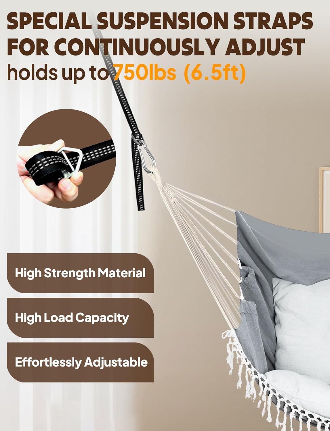 chihee hammock chair with strong webbing straps hooks showing dimensions