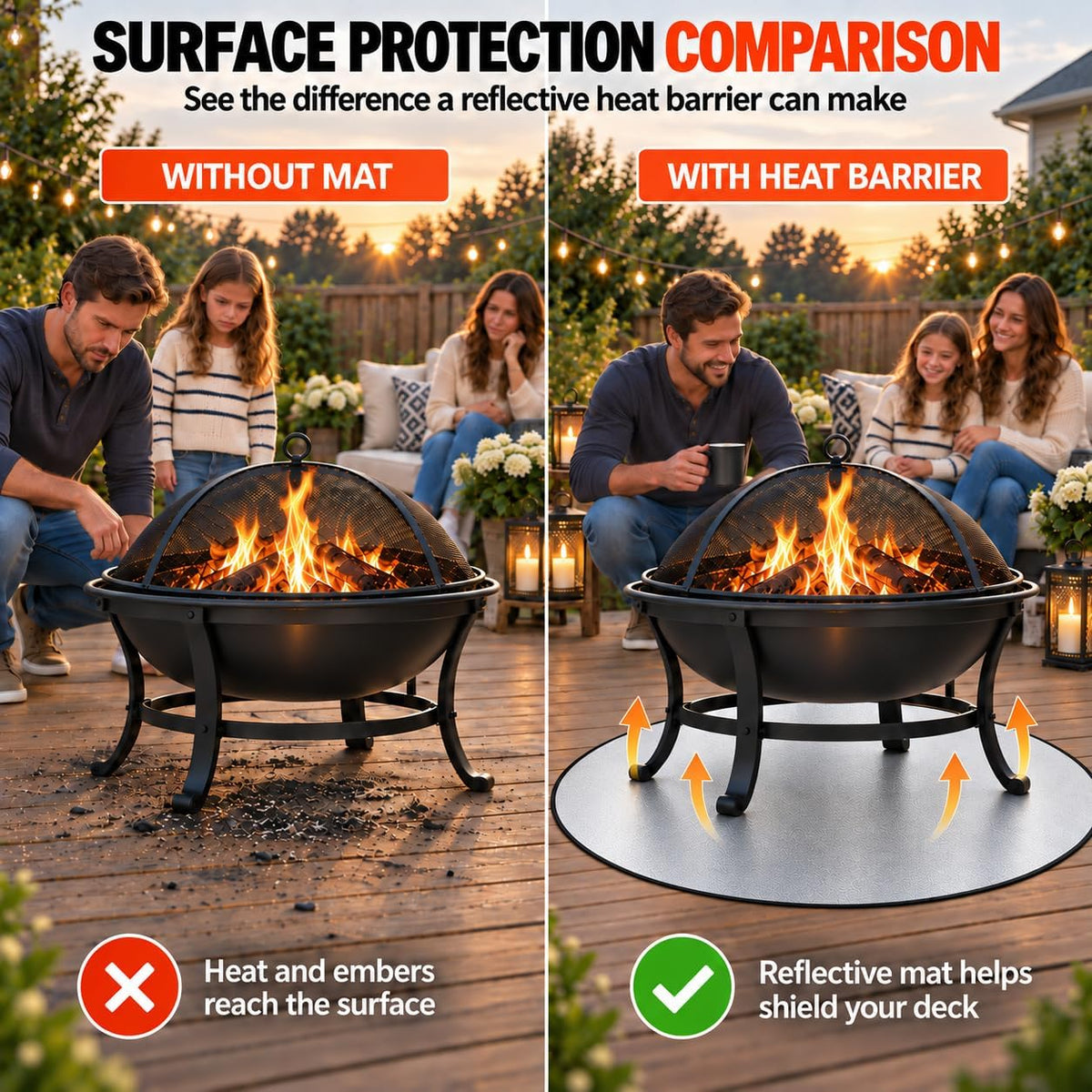 FLASLD 38 Inch Fire Pit Mat, 3-Layer Reflective Heat Barrier for Fire Pits