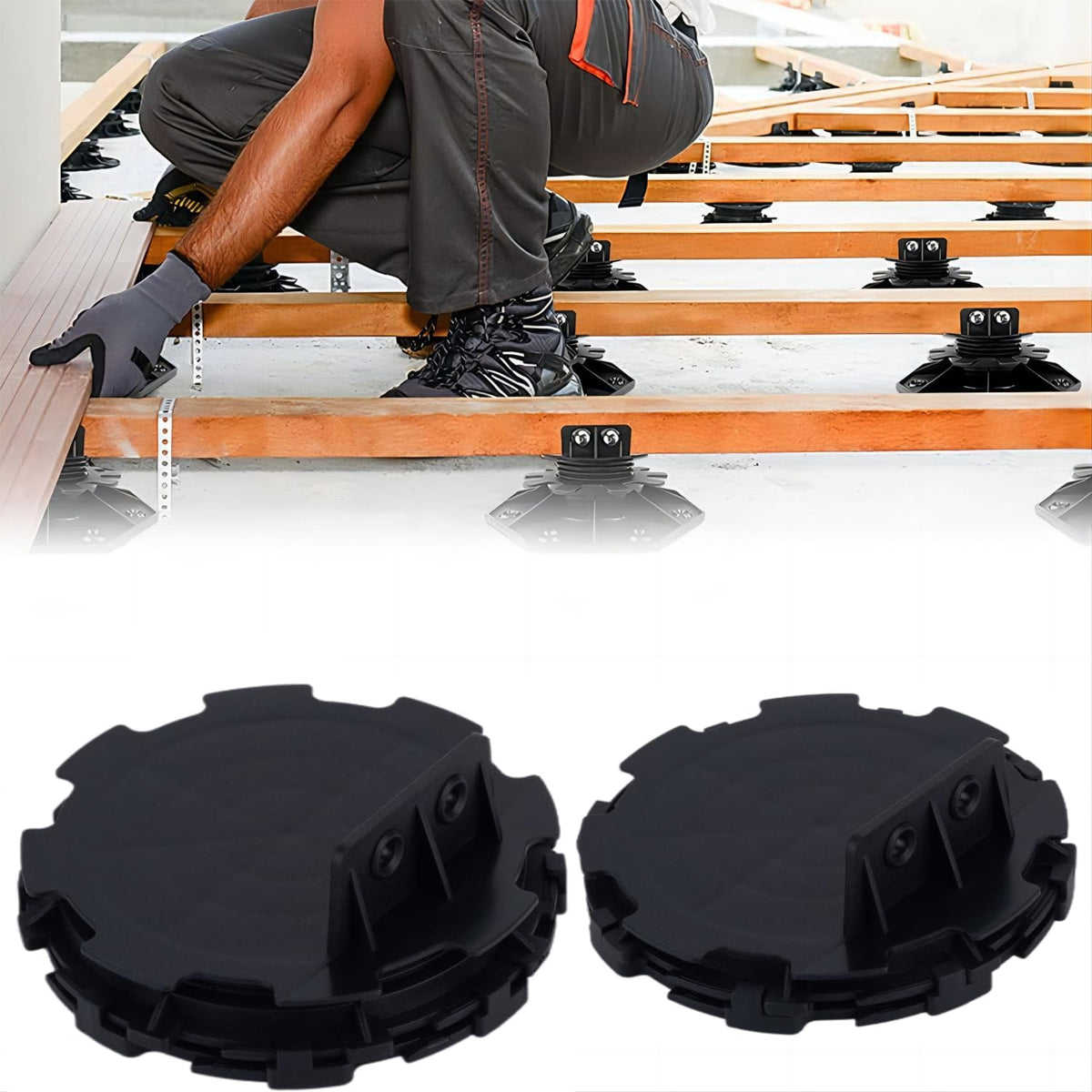 adjustable support pedestal foundation base for floating deck, close-up detail