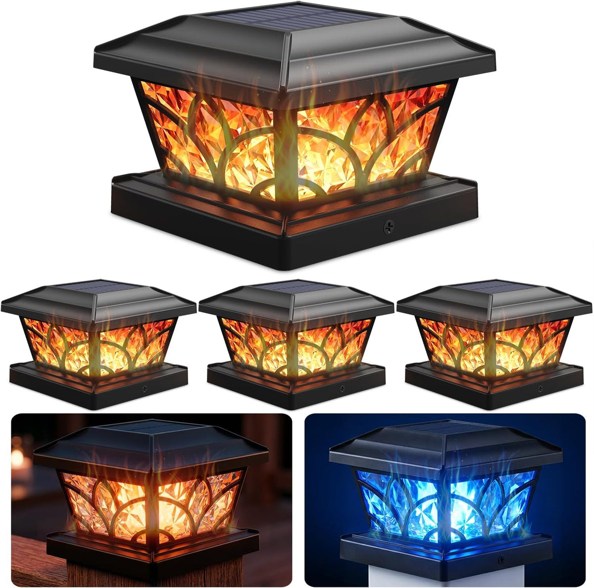 SIEDiNLAR Flickering Flame Solar Post Cap Lights 4 Modes 4 Pack (Black)