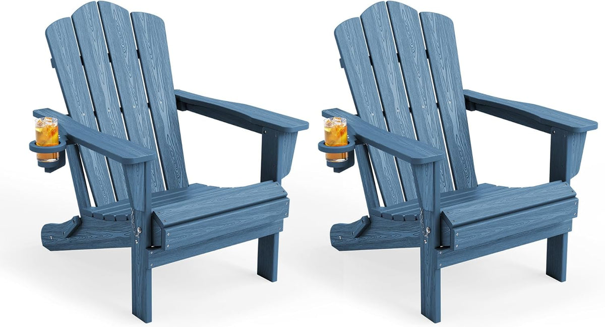 KINGYES Folding Adirondack Chair Set of 2 with Cup Holder, Navy