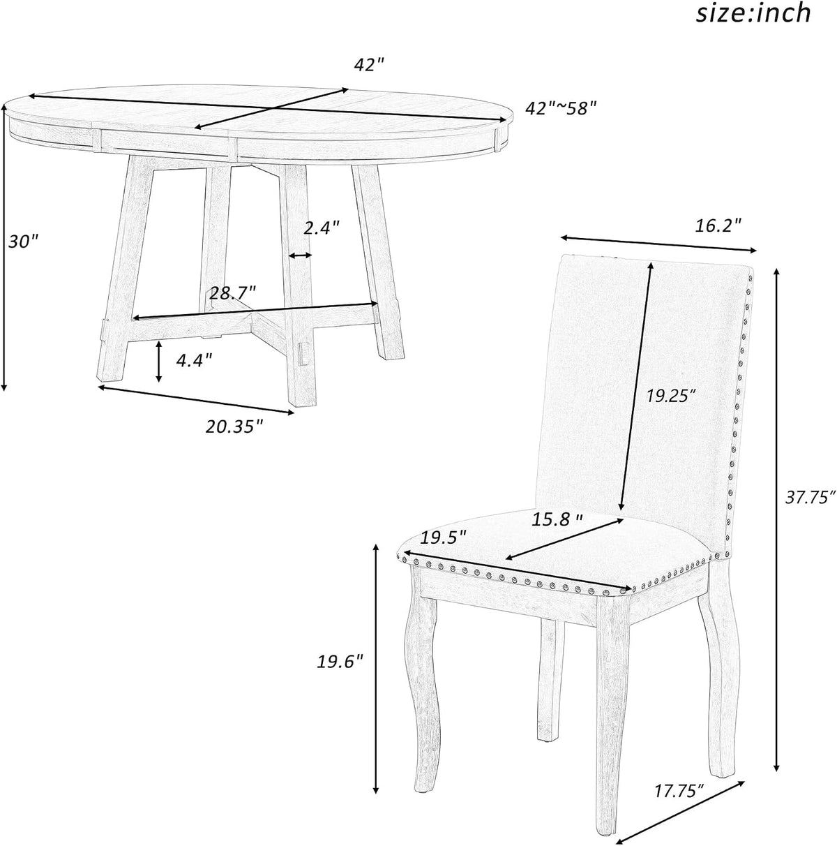 Knocbel Farmhouse 4-Person Extendable Dining Table Set, 5-Piece Dinette Set with Upholstered Nailhead Trim Chairs, Kitchen Dining Room Small Space Furniture Set, Standard Height (Natural Wood Wash)