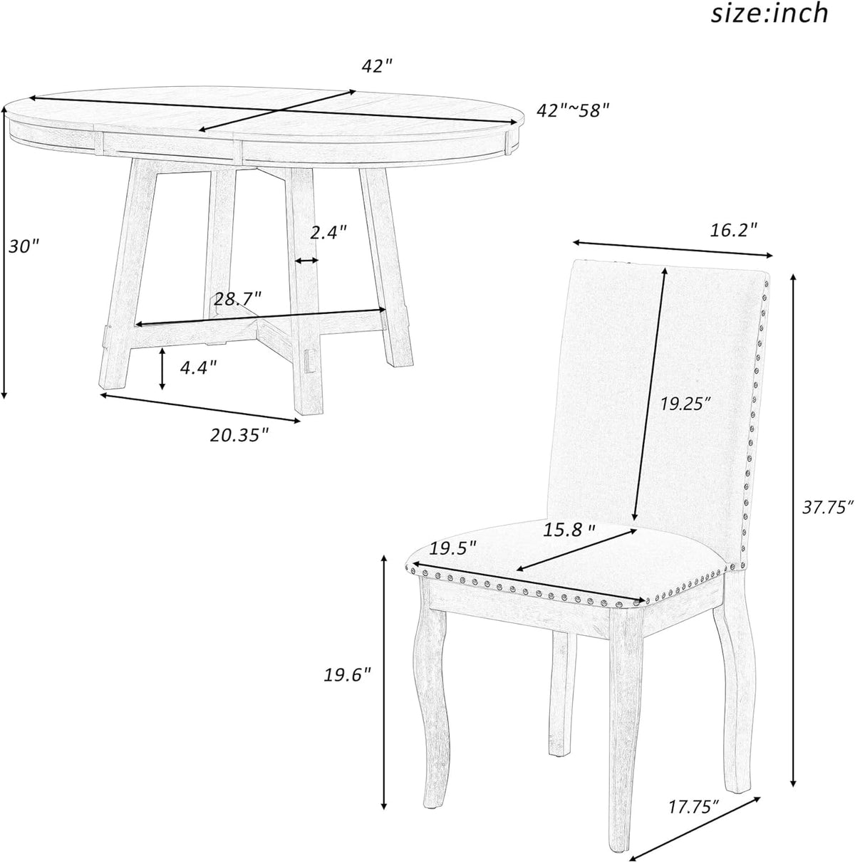 Harper & Bright Designs 5-Piece Farmhouse Extendable Round Dining Table and Upholstered Chair Set With Shelf for Family Dining Area