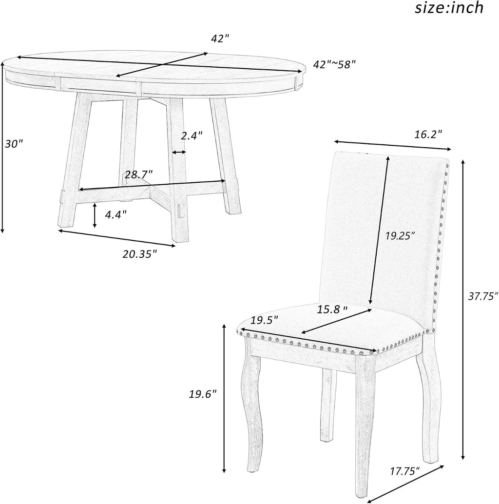 Merax Farmhouse Dining Table Set - Wood Round Extendable Dining Table and 4 Upholstered Dining Chairs (Espresso)