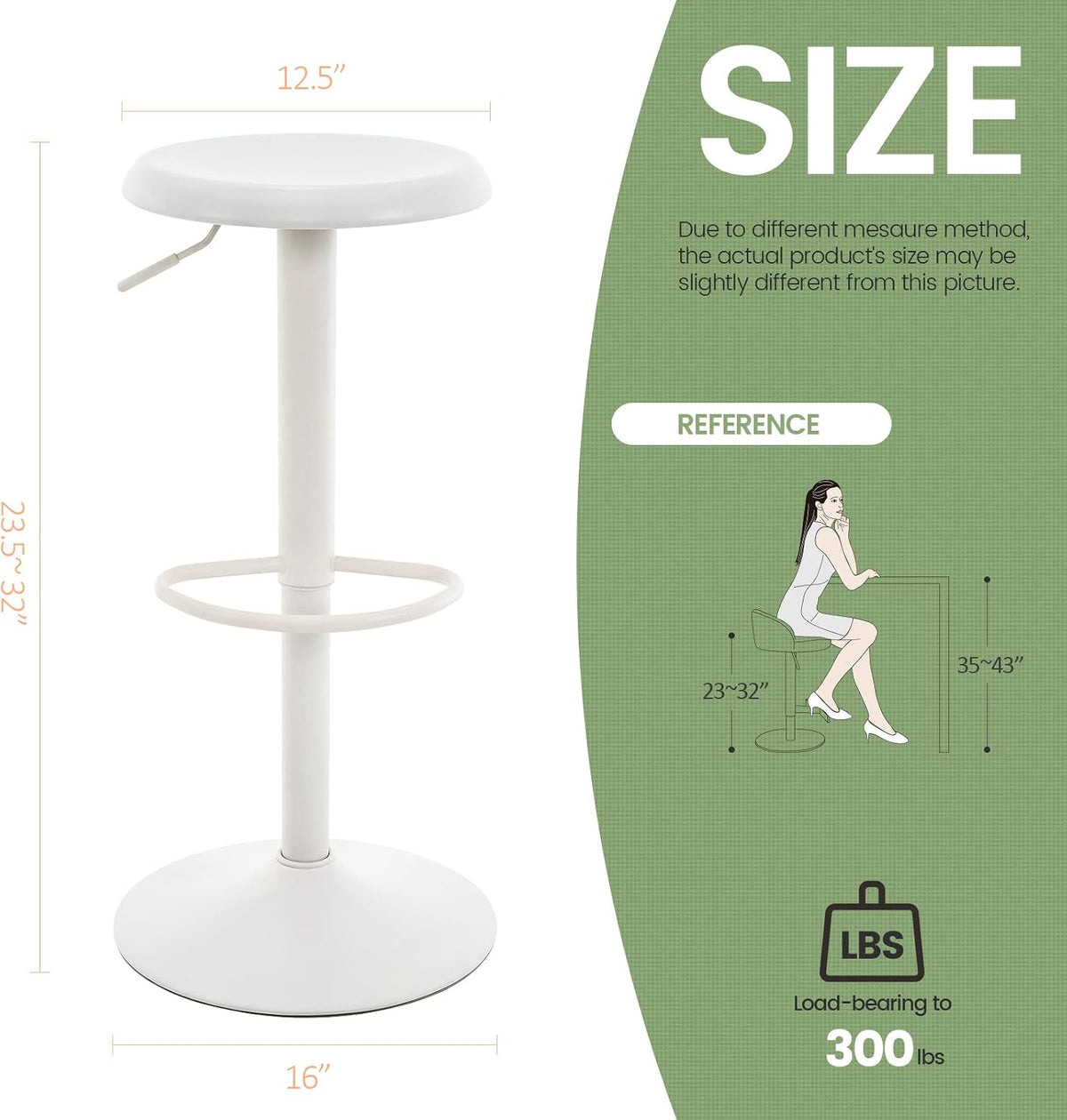 Adjustable Bar Stool, Swivel Round Metal Airlift Backless, 1 pc White