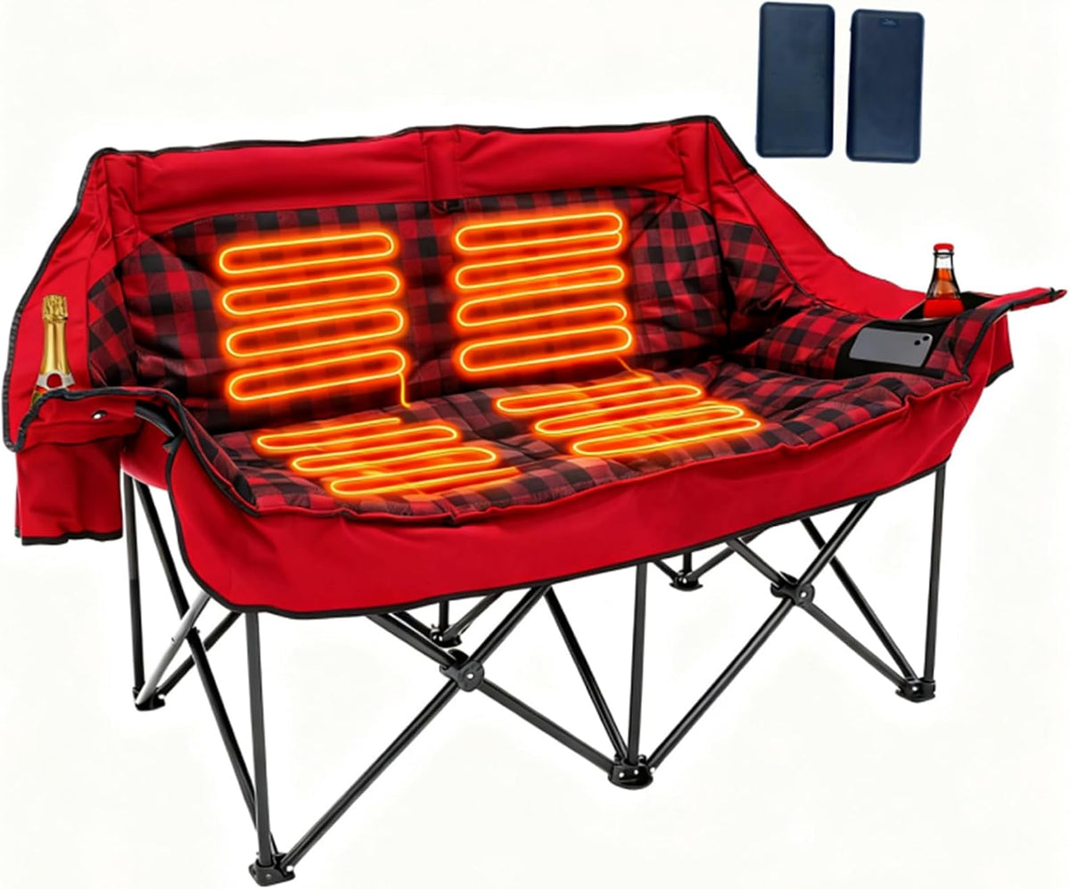 Heated Double Camping Chair with 2 Battery, Padded Camping Couch with 3 Heat Levels and 4 Heating Zones, Oversized Camp Loveseat Support 800lbs for Soccer Games, Tailgating, RV Travel, Beach Days