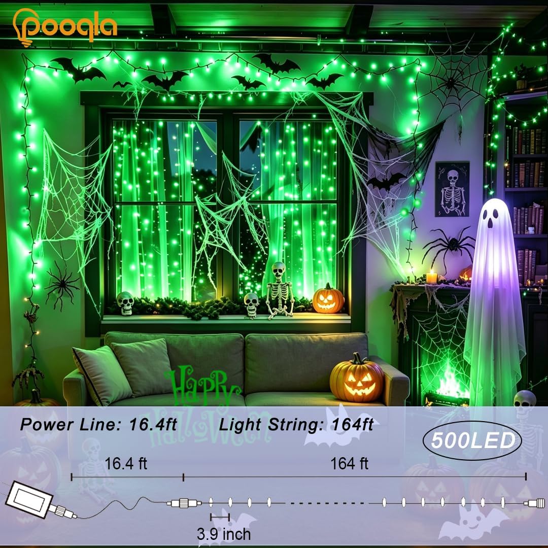 Pooqla 500 LED String Lights Indoor Outdoor, 164 ft Green Halloween Lights Plug in with Timer, Connectable 8 Modes Waterproof Clear Wire Twinkle Fairy Lights for Xmas Tree Christmas Decor