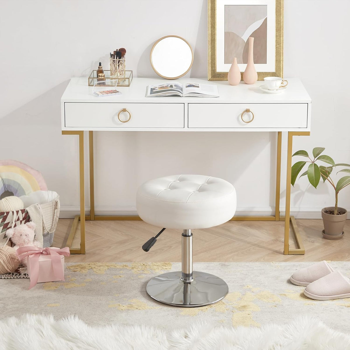 Gitrah White Vanity Stool Chair Swivel Adjustable Comfortable Makeup Stool