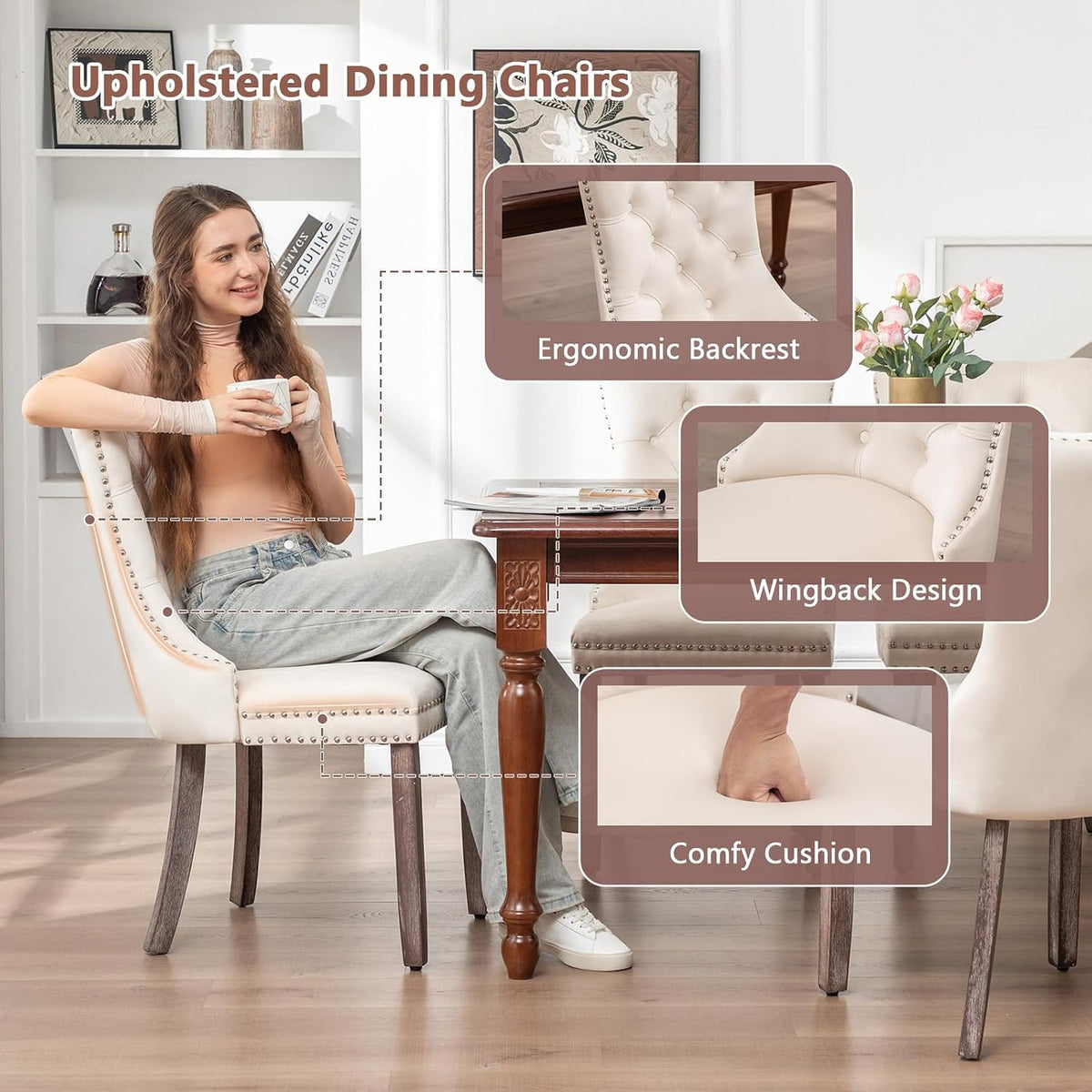 Eifizek Dining Chairs Set of 4 Upholstered Chairs with Tufted Back, Beige
