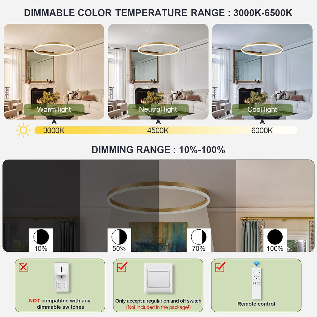 Benkut D24in Modern LED Ring Chandelier Gold Pendant Light with Remote