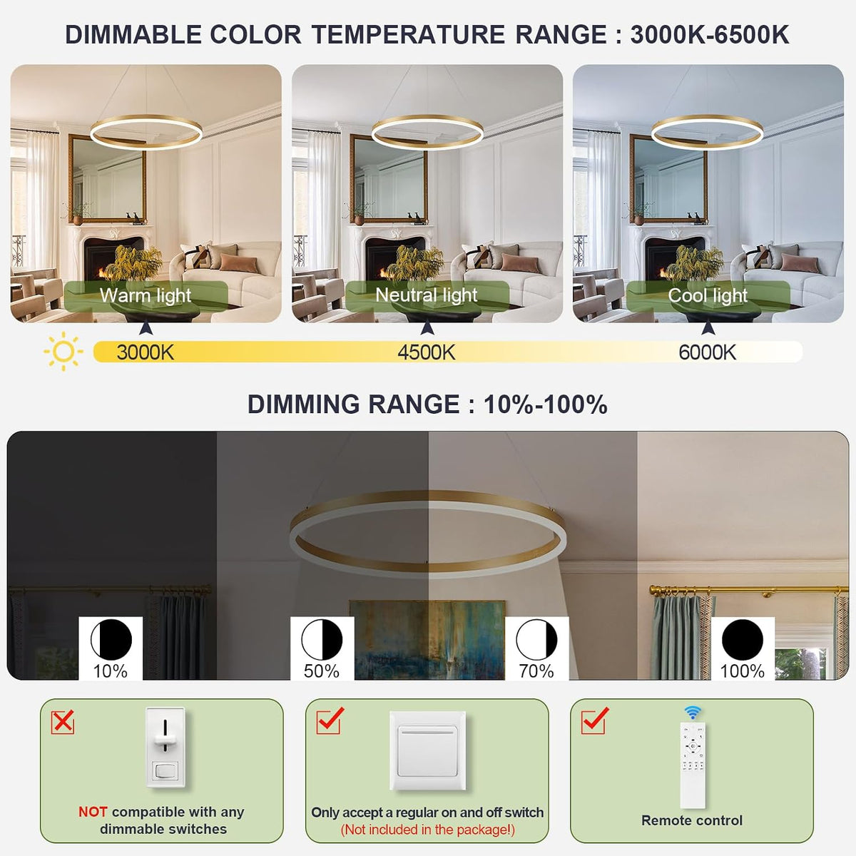 Benkut D24in Modern LED Ring Chandelier Gold Pendant Light with Remote