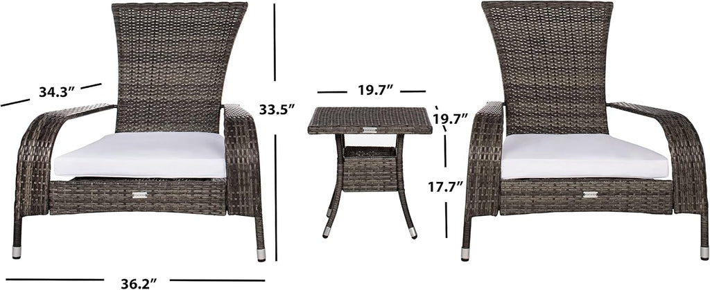 SAFAVIEH Outdoor - Edna 3-Piece Lounge Set - Grey Brown & White - Steel Frame & Faux Rattan with Cushion - Wingback Tropical French Design - Ideal for Patio, Deck, Porch, Backyard (PAT7719C)