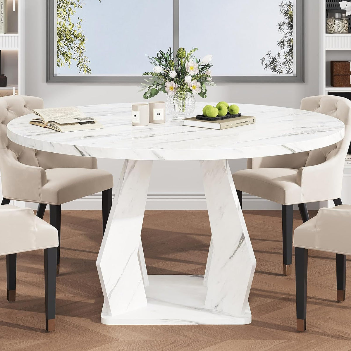 IBF White Marble Round Dining Table, Modern Wood Dinner Tables, 47 Inch