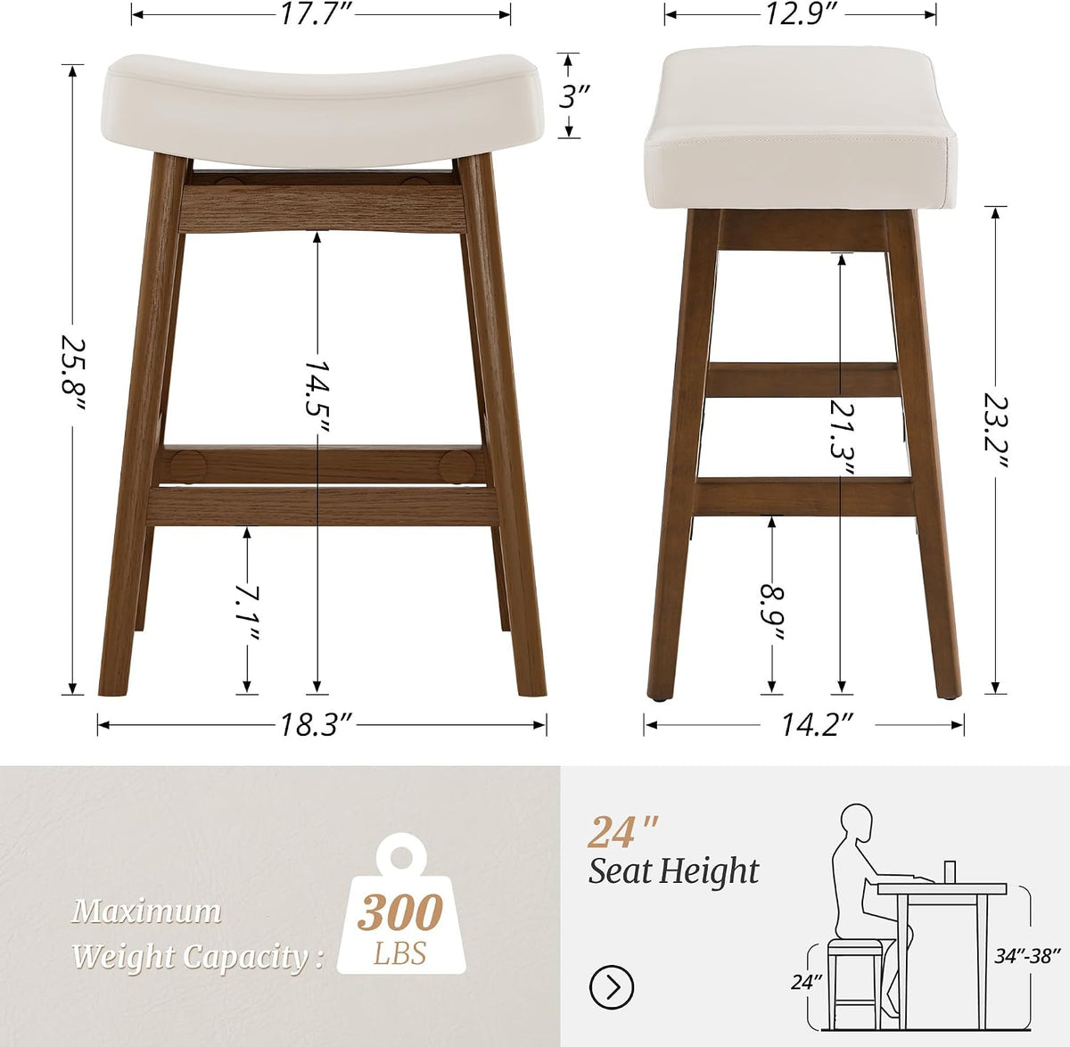 Cozyman Bar Stools Set of 3, Barstools with Sturdy Wood Legs, Saddle Seat Counter Height Bar Stools for Kitchen Counter, Bar, Dining, 24 Inch Farmhouse Counter Stools, Antique White Leather