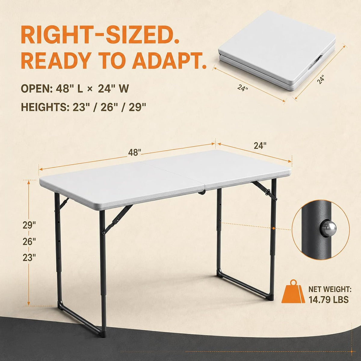 4FT Folding Table 3 Levels Adjustable Height, Heavy Duty Fold-in-Half Portable Table, 400 lbs Capacity Foldable Table for Party Dining Camping Events Picnic Outdoor Indoor Use