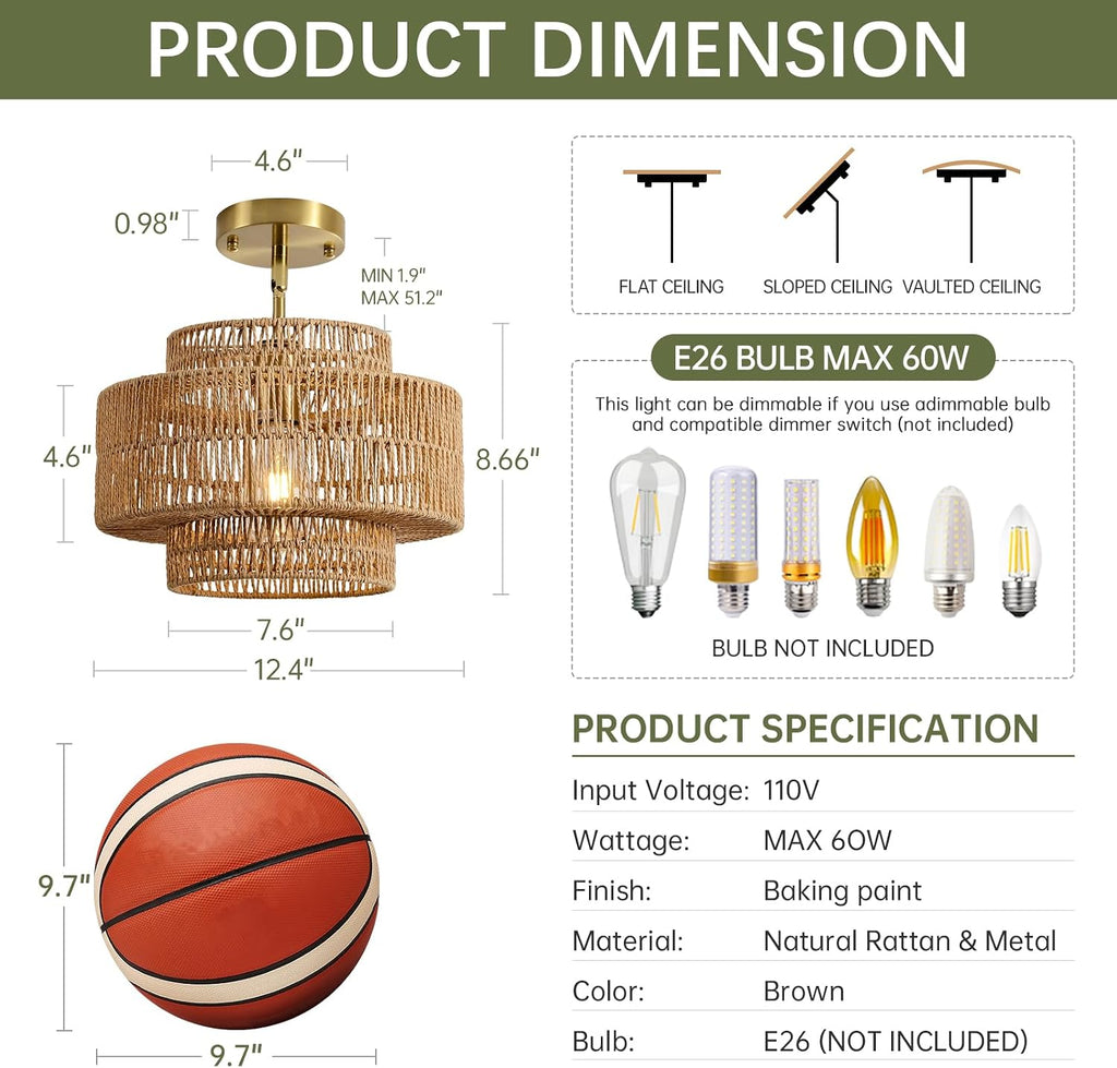 12.4" rattan pendant light for kitchen island, boho showing dimensions