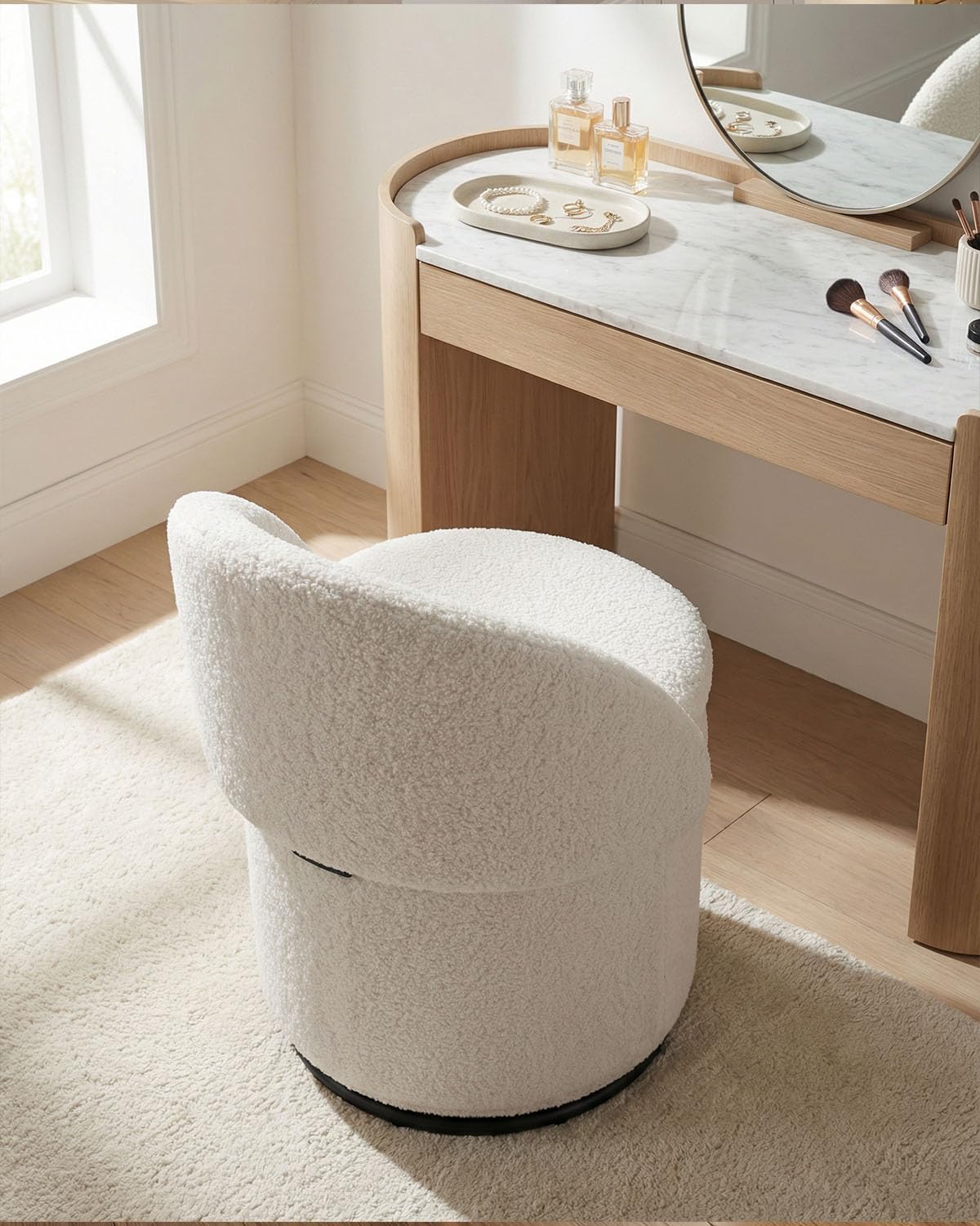 DUOMAY Modern Round Swivel Vanity Storage Stool with Foldable Backrest, Upholstered Ottoman with Removable Lid, Footrest Makeup Stool for Living Room Bedroom, Sherpa White