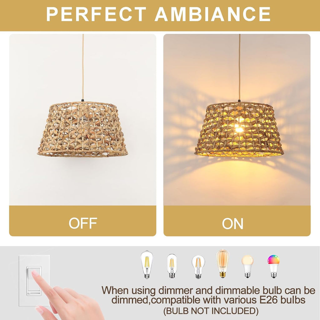 rattan pendant light, 15.8" boho wicker chandelier, hand-woven on a desk or shelf