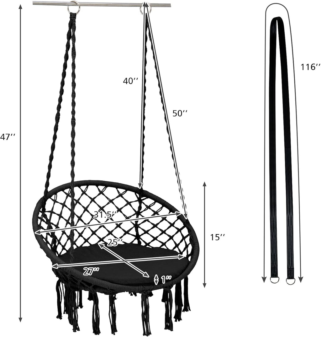 Giantex Hammock Chair Macrame Swing with Cushion & Hardware Kit, Black