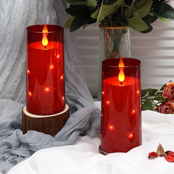 NURADA Flickering Flameless Candles: Built-in Star String Lights Battery Operated LED Pillar Candles with Remote and Timer Romantic Decorations for Wedding Party Christmas Halloween - Red 2 Pack