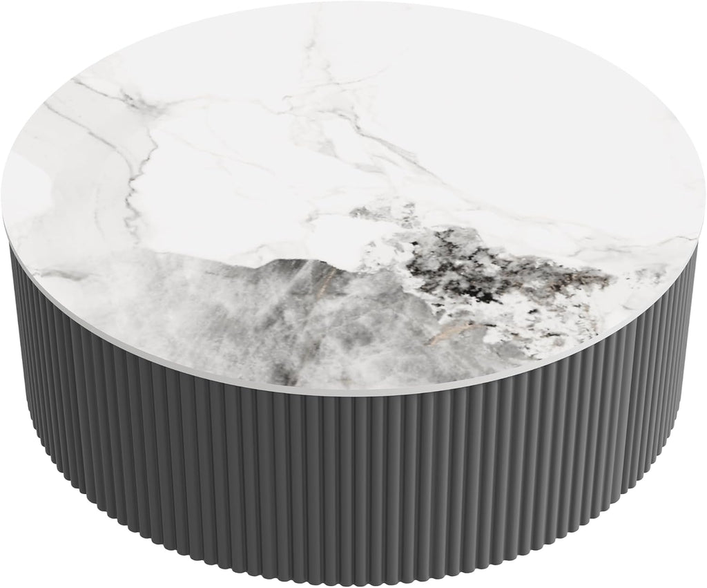 Round Coffee Table with Storage, Modern Movable Coffee Table with Marble Patter Sintered Stone Top and Wheels, Grey