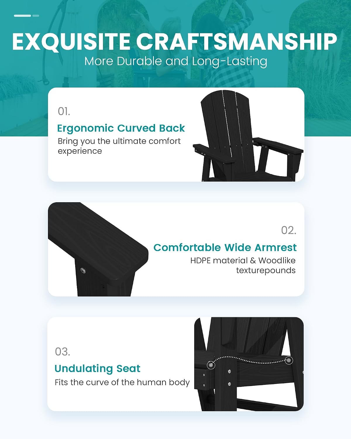 SERWALL 5-Piece Patio Dining Set, 45" Table & 4 Adirondack Chairs, Black