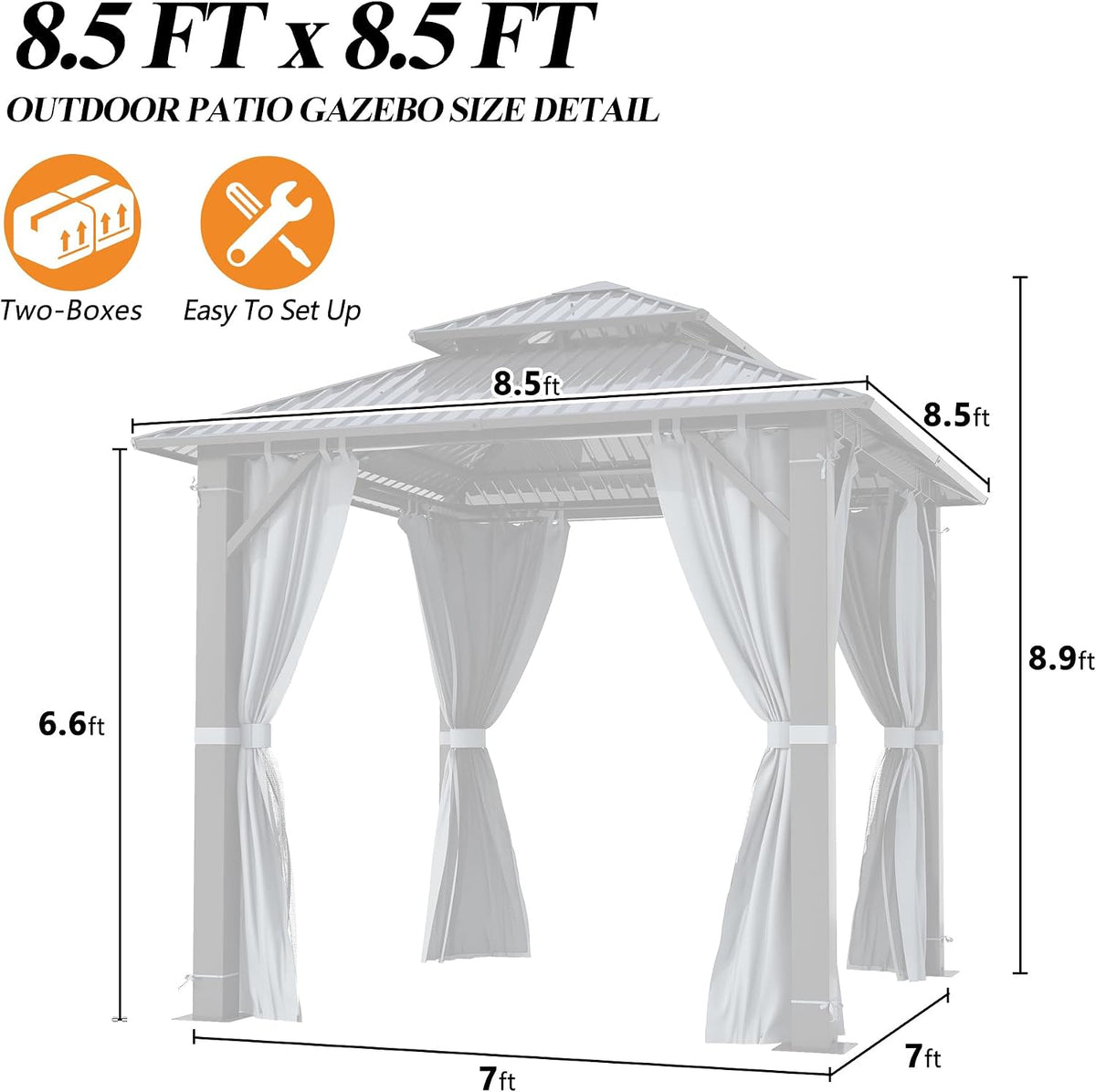 GARTOO 8x8FT Outdoor Hardtop Gazebo with Double Roof