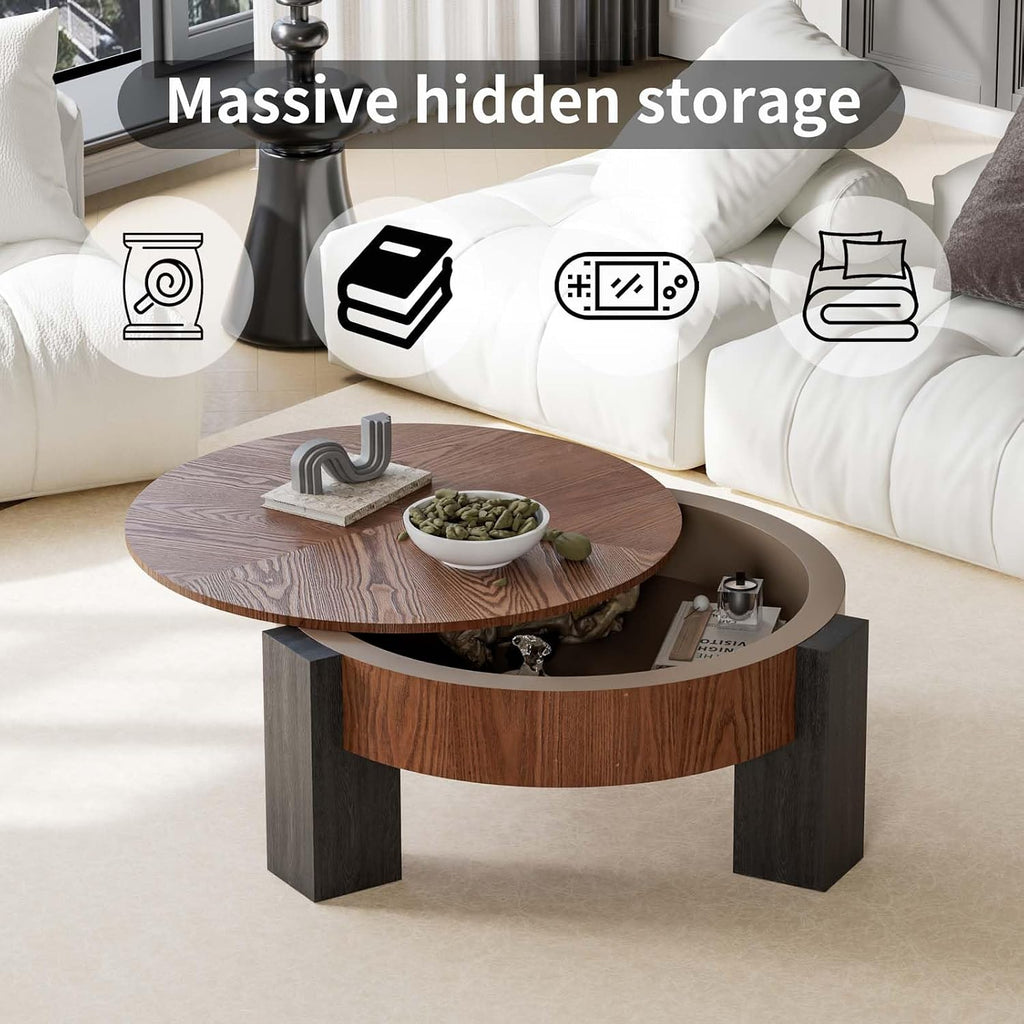 Round Coffee Table with Hidden Storage & 3 Block Legs