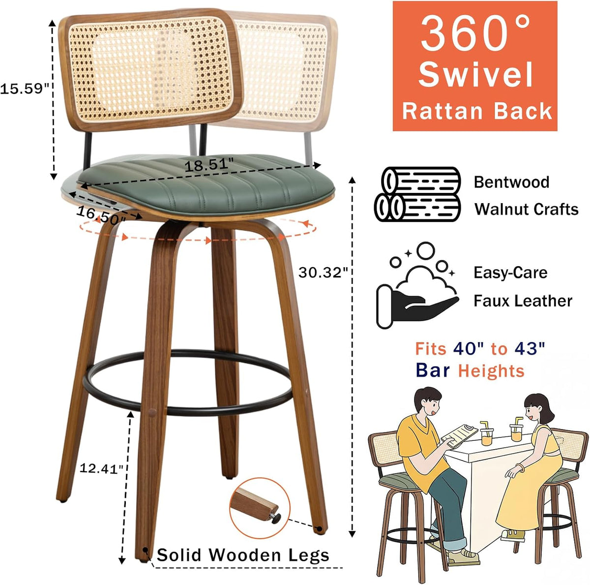 Rattan Swivel Bar Stools, Mid Century Bar Stools with Walnut Craftsmanship