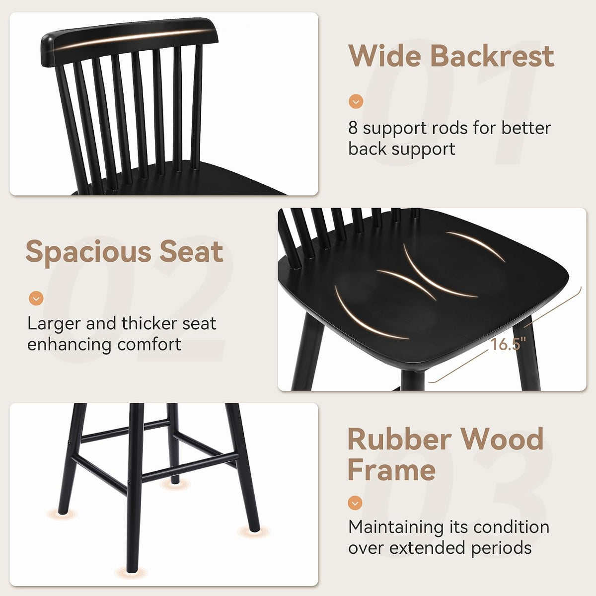 LUE BONA Upgraded Windsor Wooden Black Bar Stools Set of 3, 24 Inch Counter Height Barstools with Spindle Back/Bigger Seat for Kitchen Island