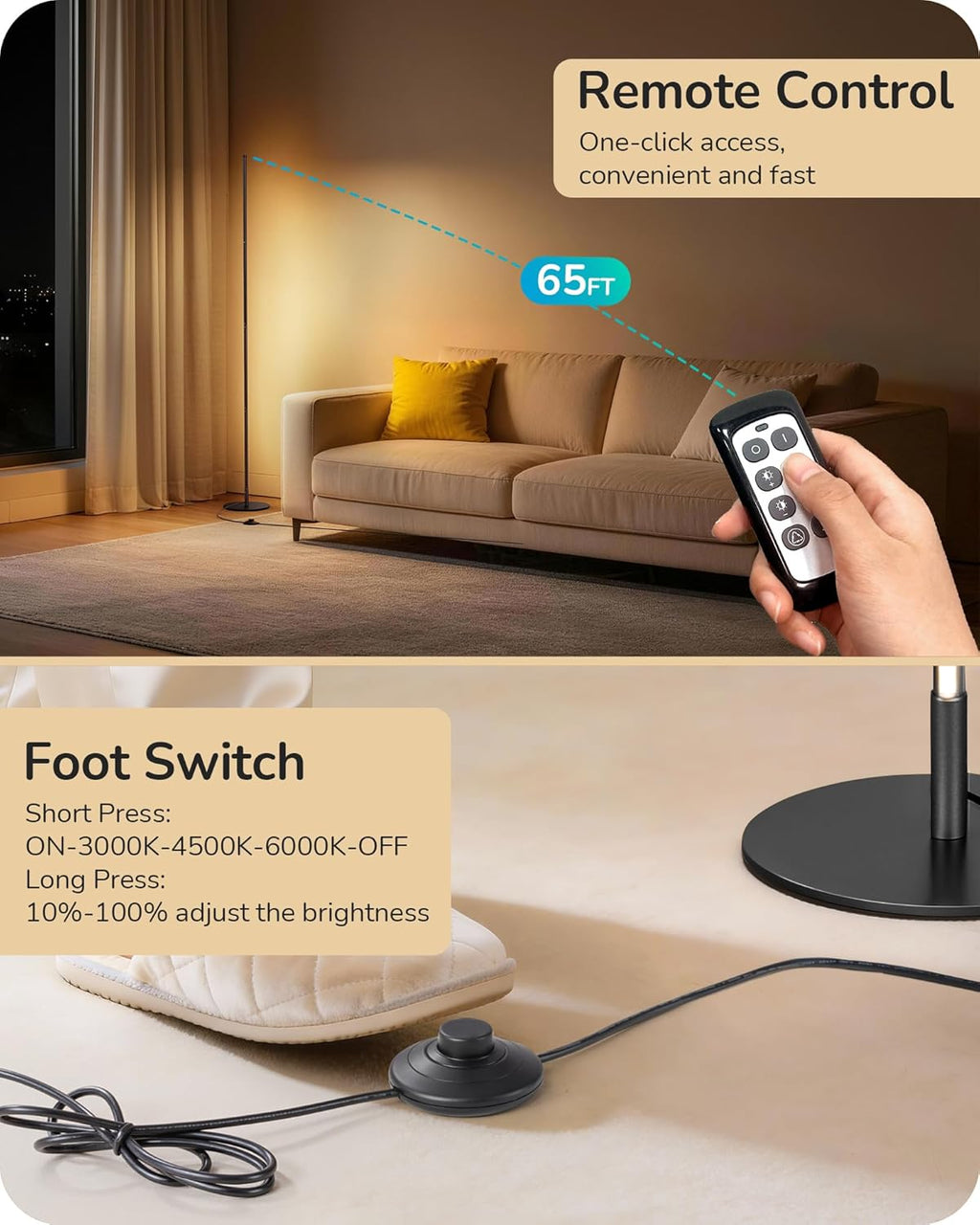 EDISHINE 59.8" Floor Lamp with Remote & 3 Height Settings, Dimmable & 3CCT