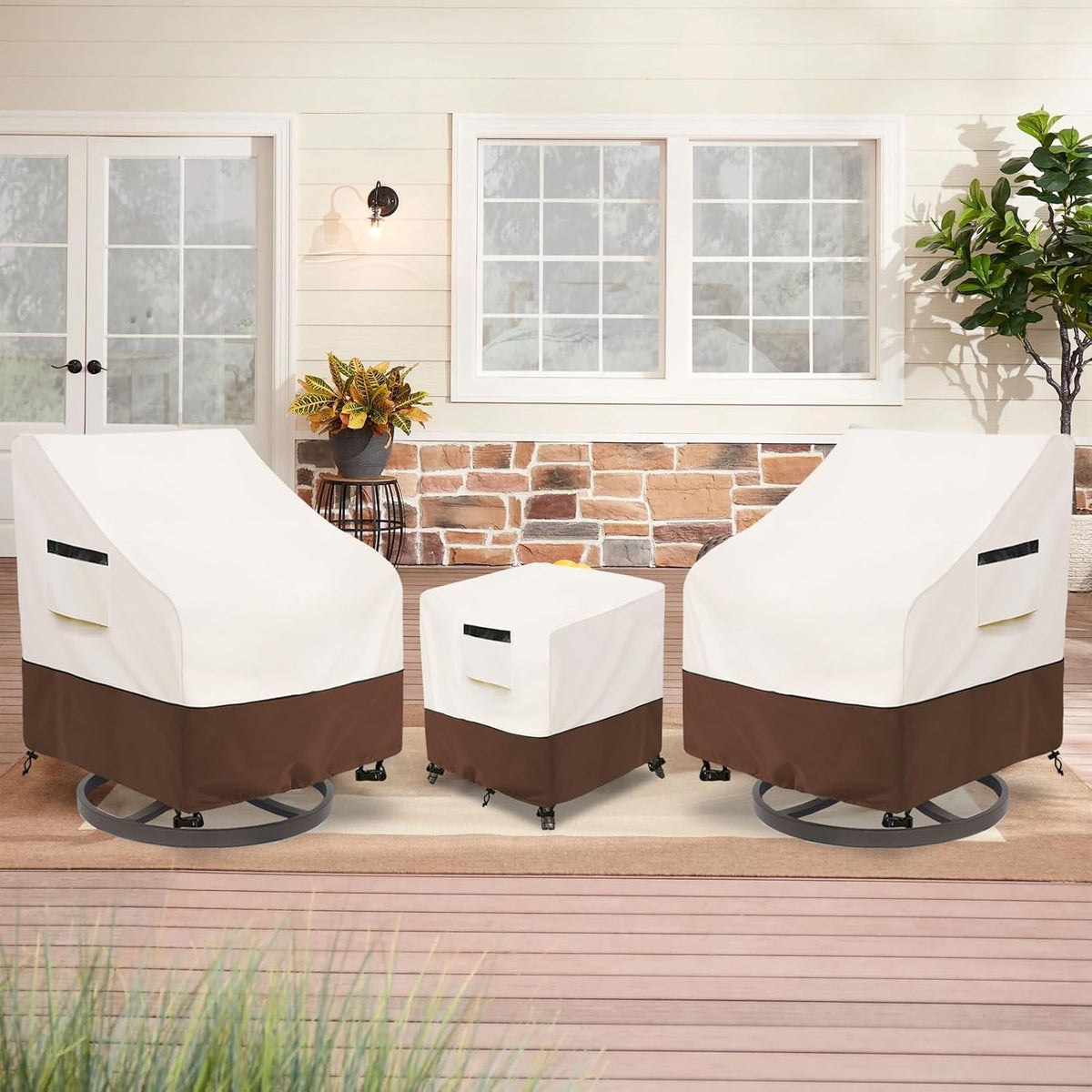Patio Furniture Set Covers for 3 Piece Outdoor Bistro,Waterproof 100% Outdoor Furniture Cover for 2 Swivel Chairs and Coffee Table,Beige