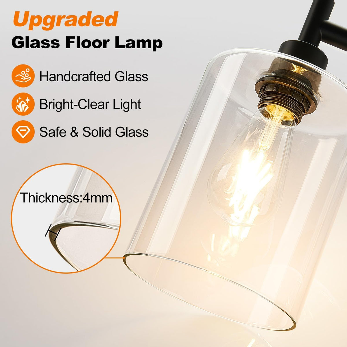 【Upgraded】 Dimmable Floor Lamp for Living Room with Clear Glass Lampshade, Black Modern Glass Floor Lamp with 900LM LED Bulb Included, Arc Standing Tall Lamp for Bedroom, Office, Reading Room, Corner