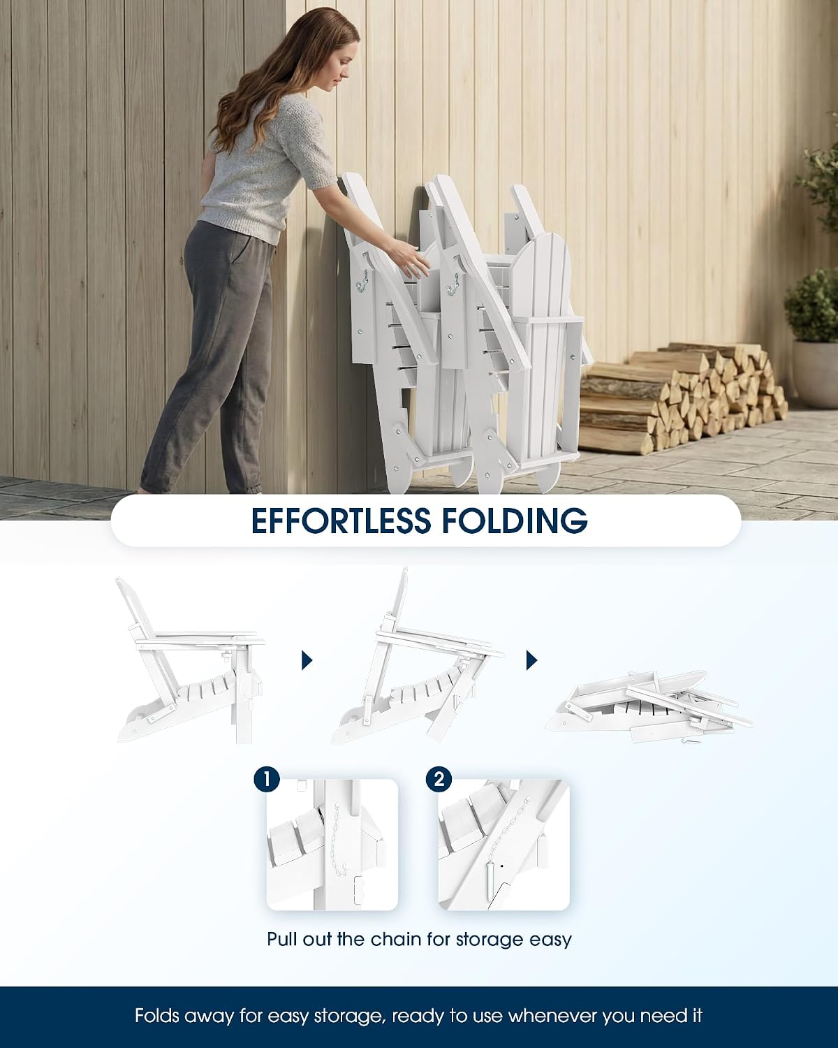 MUCHENGHY Folding Adirondack Chair HDPE for Fire Pit Outdoor, White