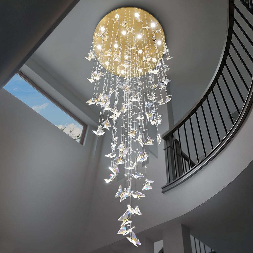 ykolupty H138 High Ceiling Chandelier - Modern Crystal Raindrop Large Chandelier for Staircase Foyer Entryway Living Room - Dimmable 3000-6000K