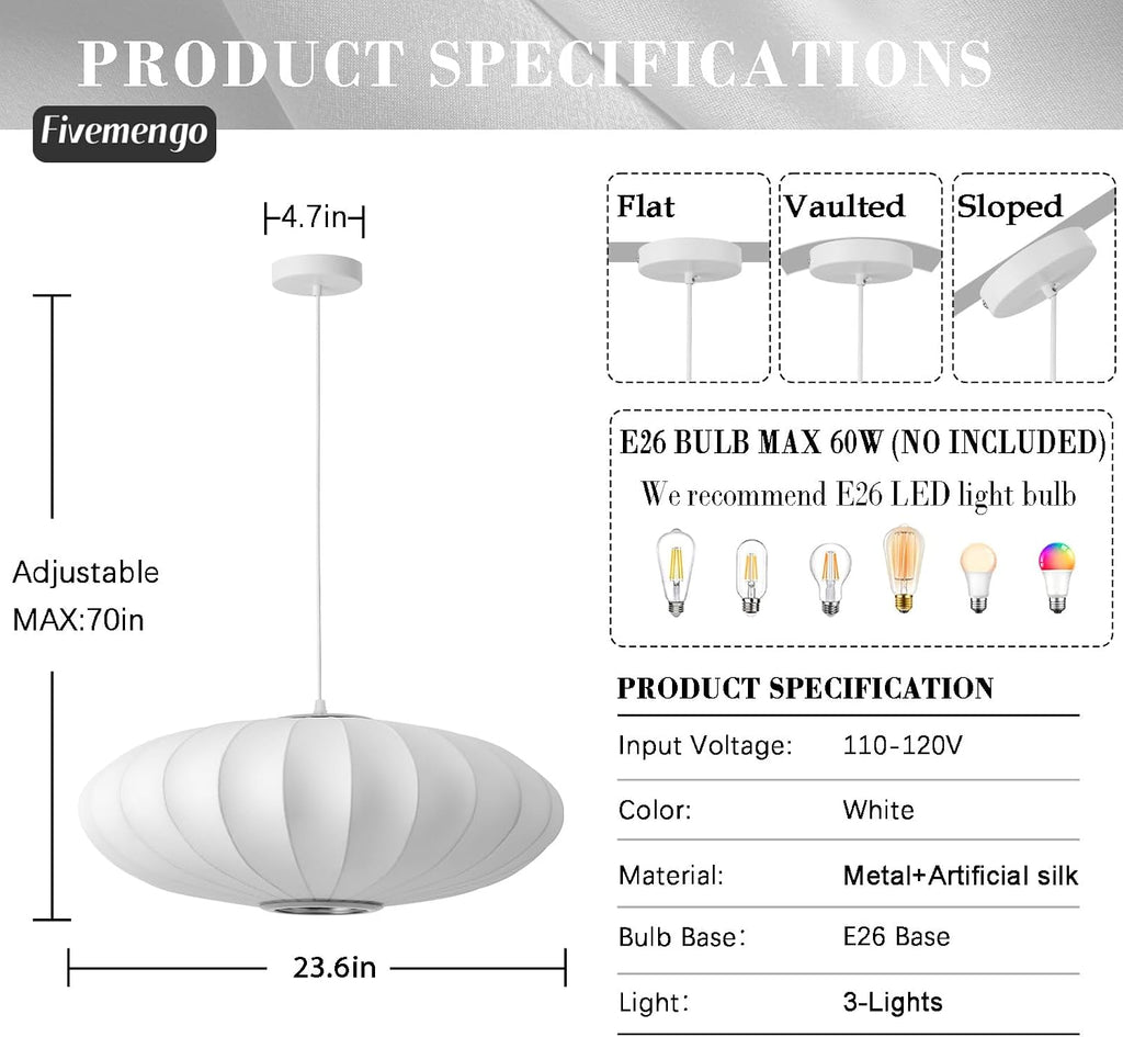 23.6in Lantern Pendant Light Bubble Saucer, White Imitation Silk