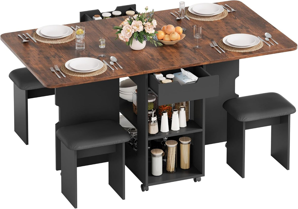 Mondeer 55" Folding Dining Table and Chairs Set 4, Cushioned Stools