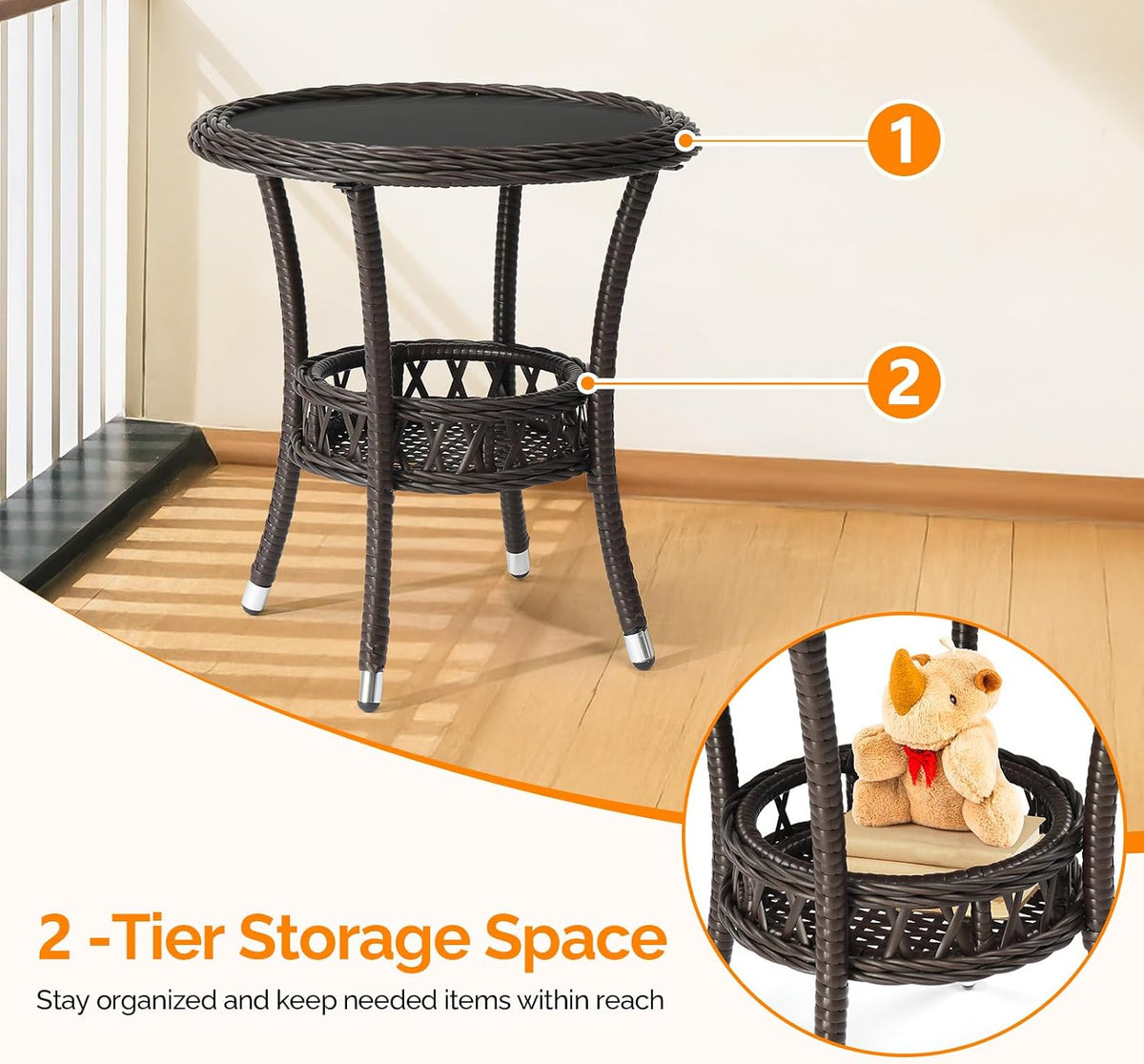 vingli outdoor wicker side table, patio side tables, side view