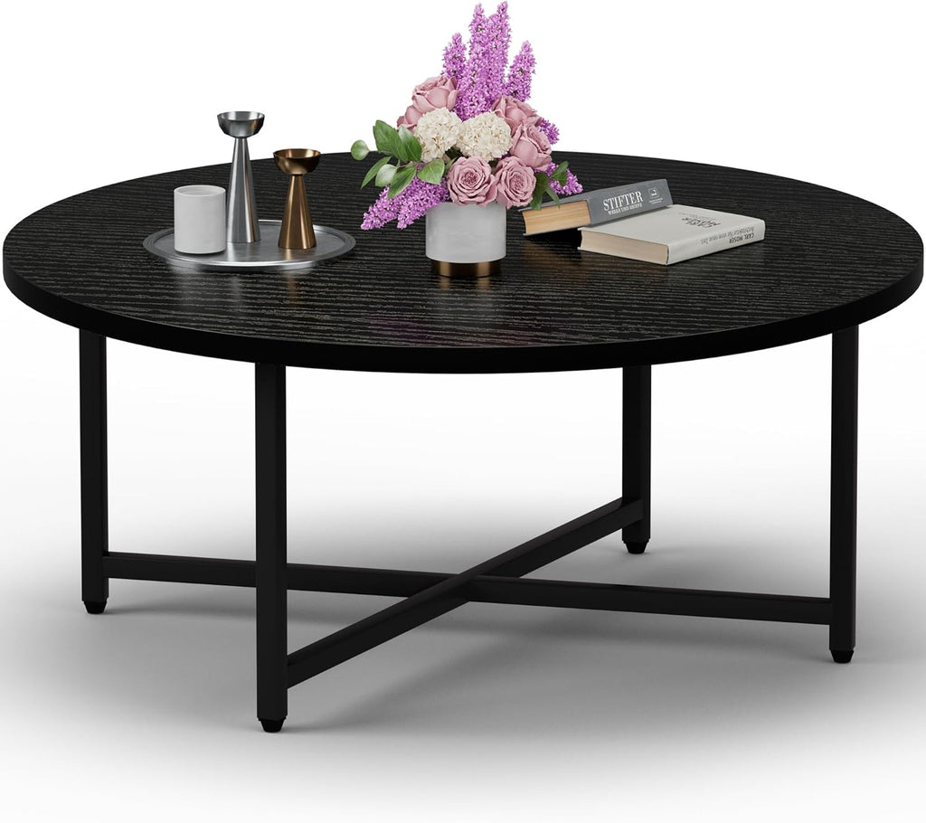 FAMIDGE Coffee Table, 31.5" Round Black Coffee Table for Living Room, Center Tables for Family & Office Use, Circle Coffee Tables Round, Large Black (31.5" D x 17.7" H)