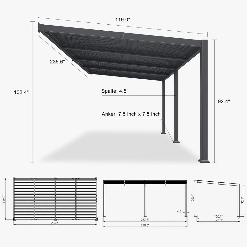 PURPLE LEAF Wall Mounted Pergola 10' x 20' Louvered Pergola,Aluminum Frame