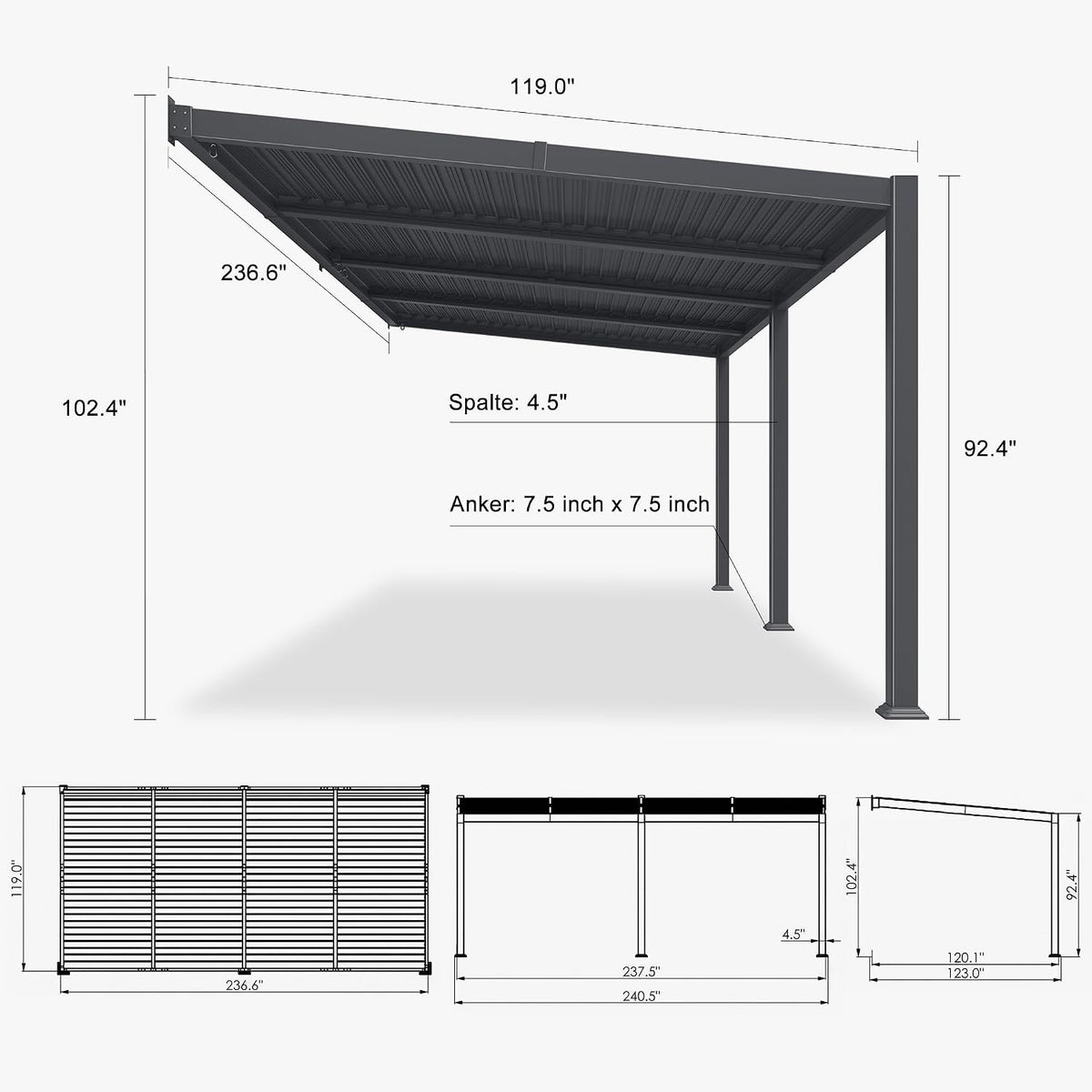 PURPLE LEAF Wall Mounted Pergola 10' x 20' Louvered Pergola,Aluminum Frame