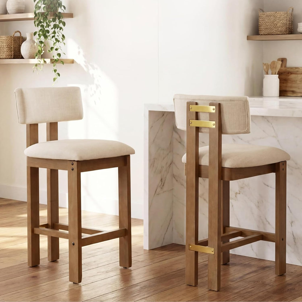 HNY 26’’ Tall Farmhouse Bar Stools Set of 2, Modern Counter Stools with Backs Beige Linen Upholstered Bar Height Chairs with Natural Hardwood Frame, Counter Height Wood Barstools for Kitchen Island