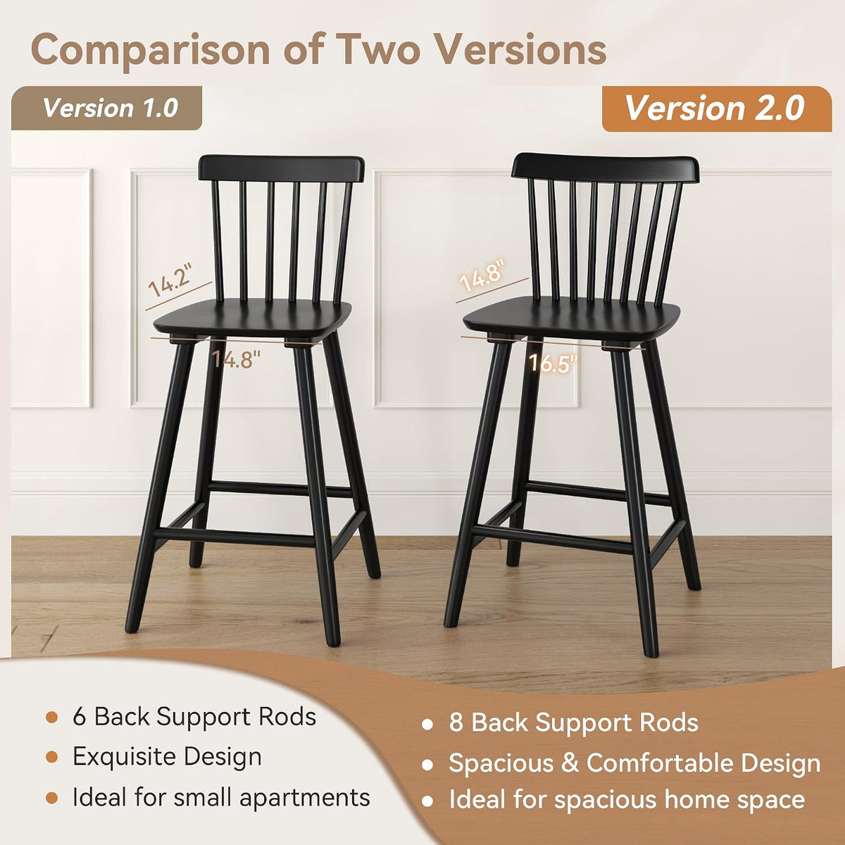 LUE BONA Upgraded Windsor Wooden Black Bar Stools Set of 3, 24 Inch Counter Height Barstools with Spindle Back/Bigger Seat for Kitchen Island