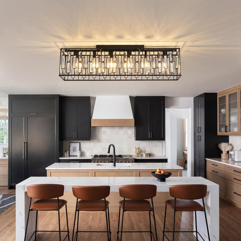 Garwarm 38.7 Inch Crystal Chandelier, 6-Light Black Rectangle Ceiling Light