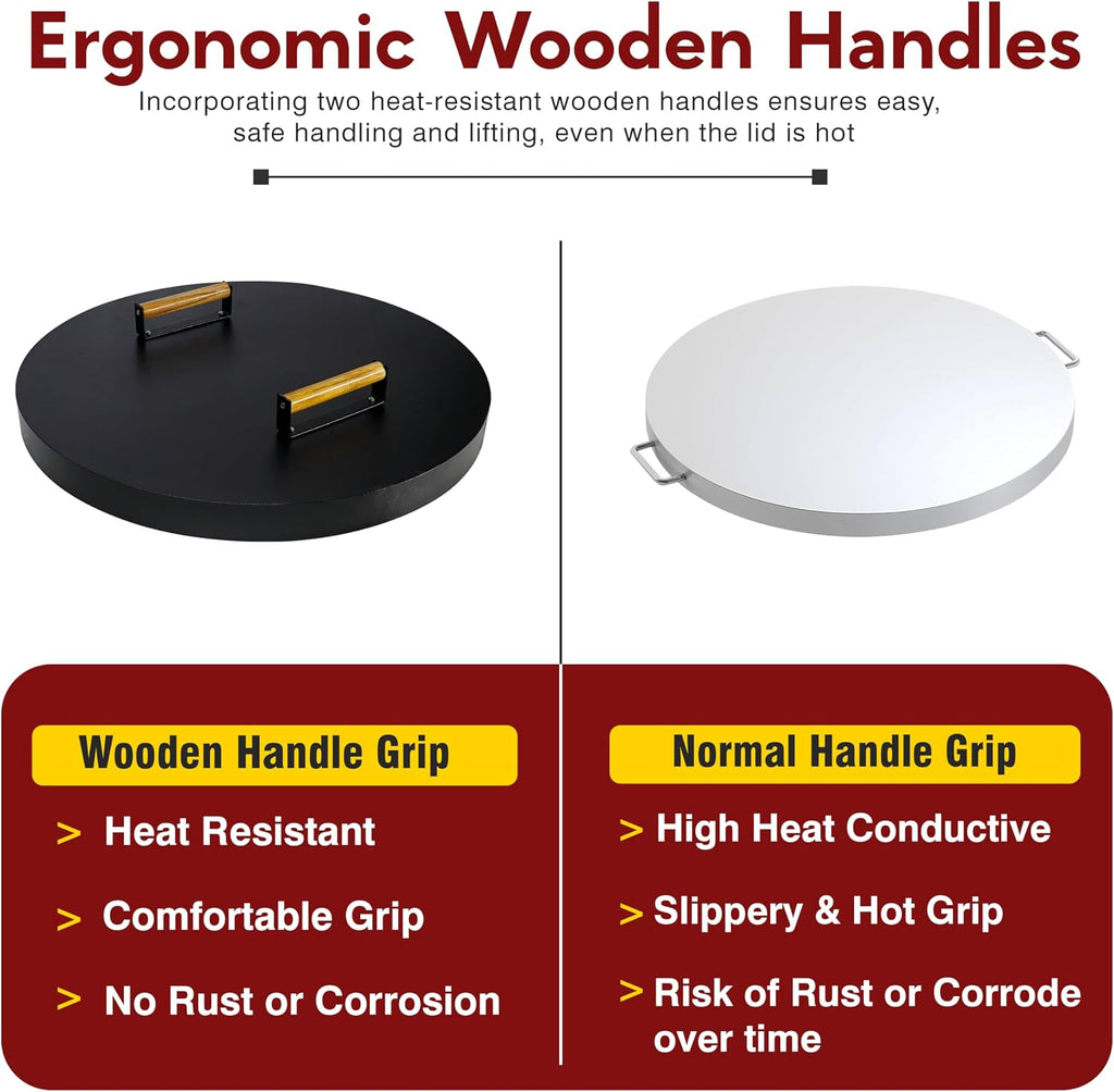 FEBTECH Firepit Lid Compatible with Fire Pit Inside up to 23" - Carbon Steel Tabletop Fire Pit Cover with 2 Heat Resistant Wooden Handles - Fire Pit Accessories for Family Gatherings & Bonfire